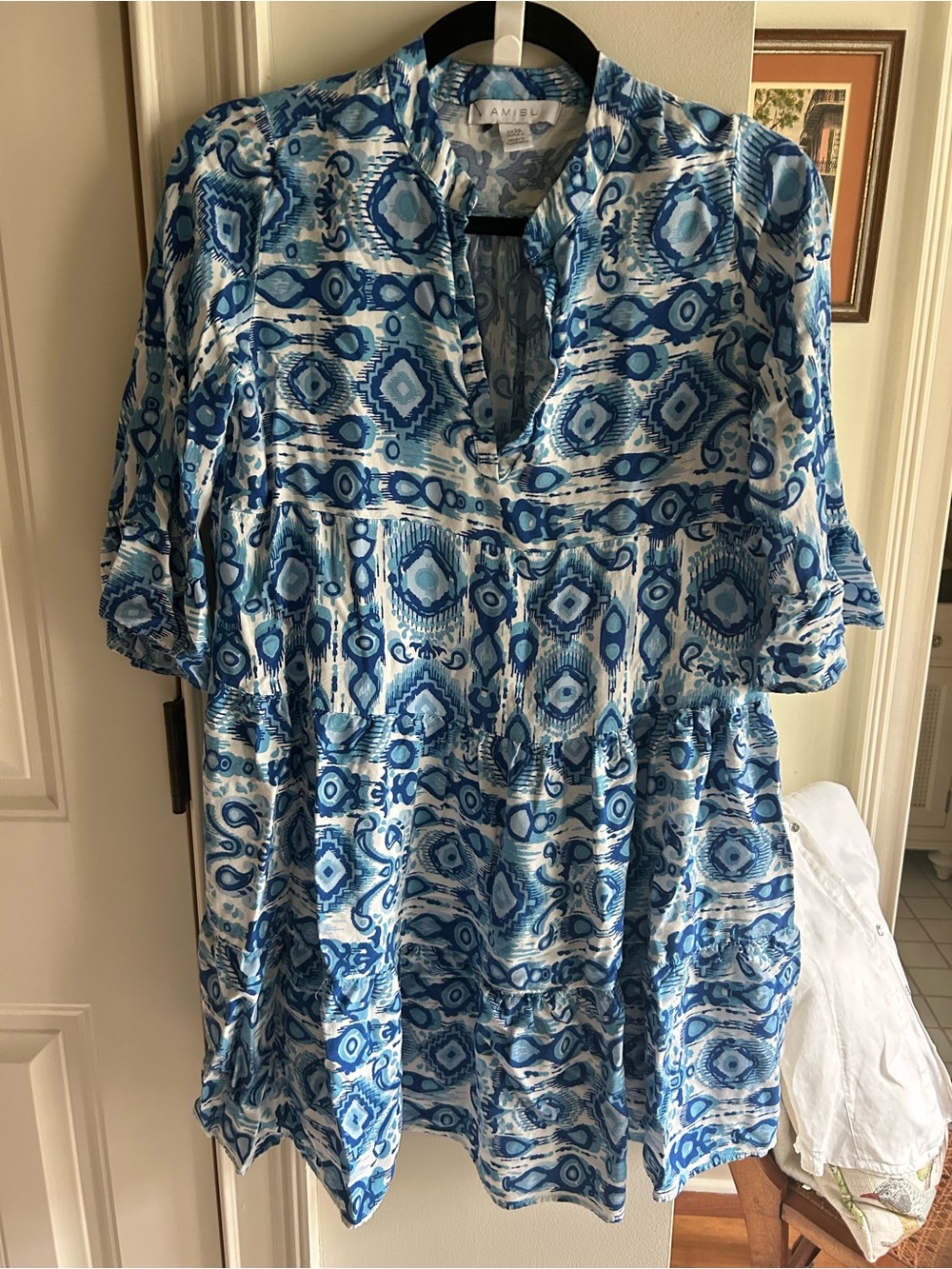 Amisu Blue and White Printed Tunic Dress